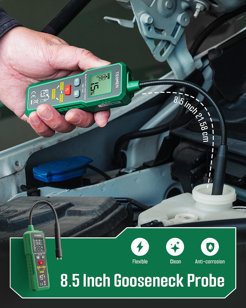 TESMEN TBF-300 Brake Fluid Tester with 8.5-Inch Corrosion Resistance Gooseneck Probe, Testing for DOT3, DOT4, DOT5.1, Brake Fluid Tester Pen with Light, Data Hold, Backlight Alarm for Auto Care-Green SMALL Green 1