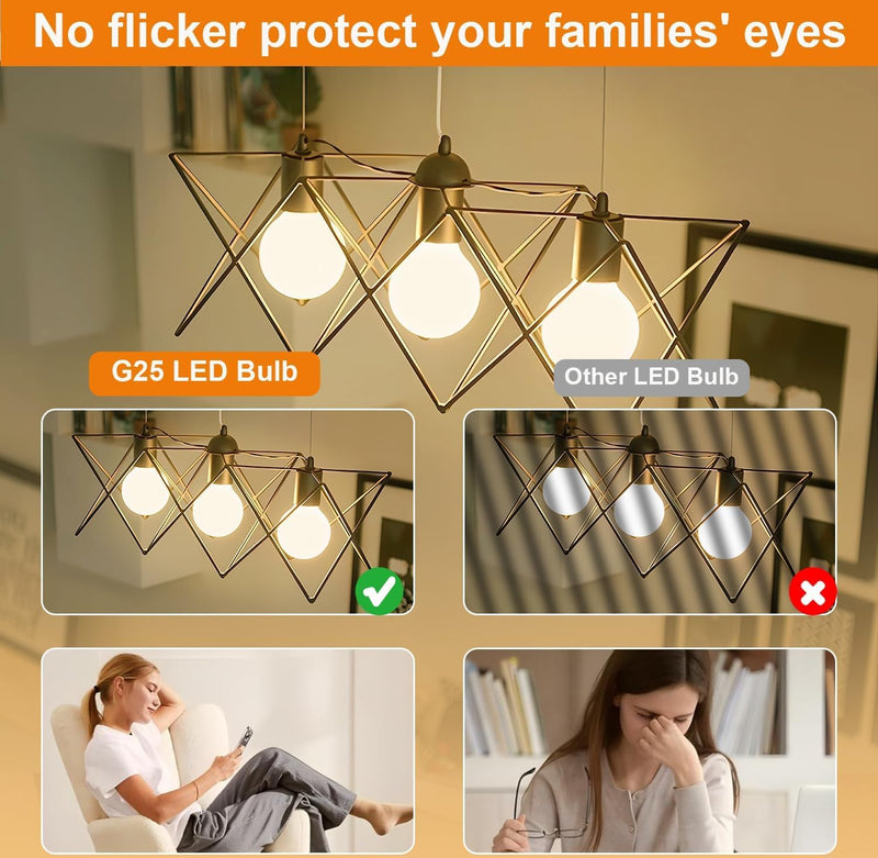 Leools LED Light Bulb G30/G95 Dimmable Flick-Free Matt White 6W Soft White 3000k CRI95 600LM, 60W Equivalent Vintage LED Edison Globe Light Bulb,E26 Standard Base, 4 Pack