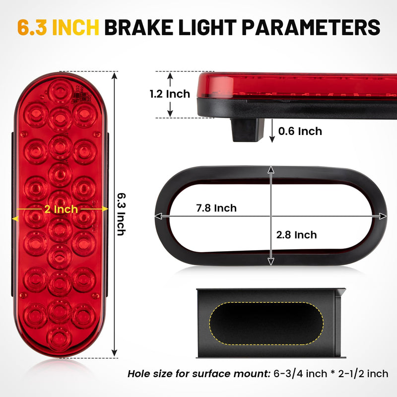Oyviny 6 Inch Oval Red LED Trailer Tail Lights 2PCS, Super Bright 24LEDs Oval 6" Brake Turn Stop Tail Lights with Flush Mount Grommets DOT SAE Certified for RV Truck, Bus, Trucks