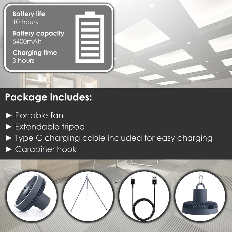 AYL 5400mAh Portable Fan Rechargeable, Extendable Tripod Clip On Fan, Battery Operated Desk Fan, USB Fan, Quiet Battery Powered Personal Fan for Bedroom, Office Desk, Gym Treadmill, Golf Cart, Gray