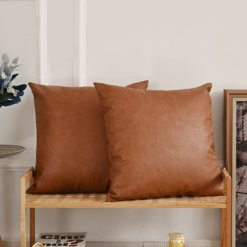 Tosewever Faux Leather Throw Pillow Covers, 20 x 20 inch Set of 2 Luxury Cognac Brown Modern Pillowcases Solid Decorative Square Cushion Cases for Bedroom Living Room Couch Bed Sofa (Brown, 20" x 20") 20" x 20" (Pack of 2)