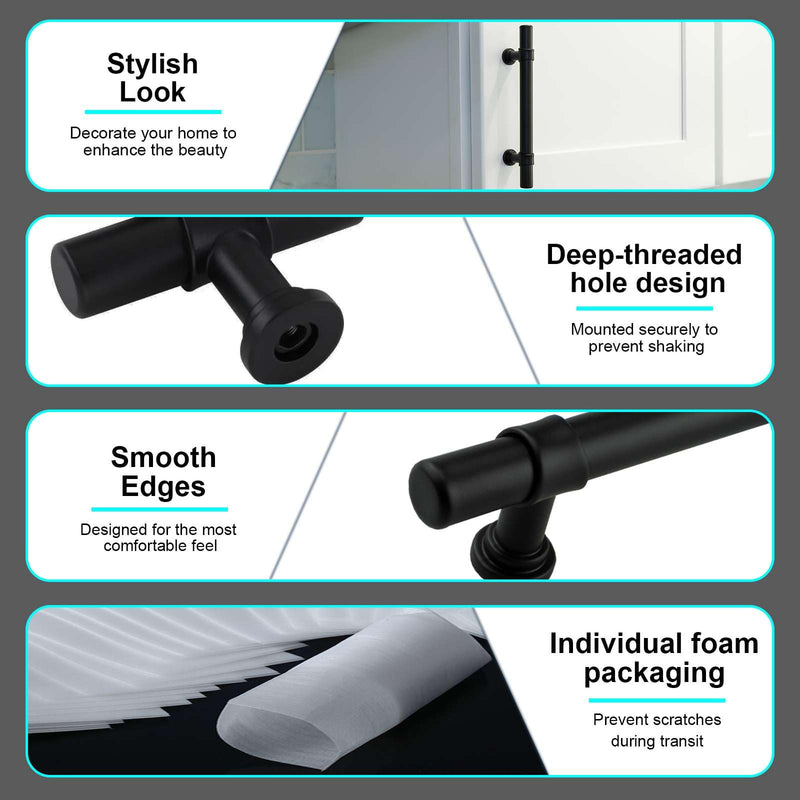 Modket 10 Pack Modern Round Bar Cabinet Handle 304 Stainless Steel 2" Knob, Matte Black