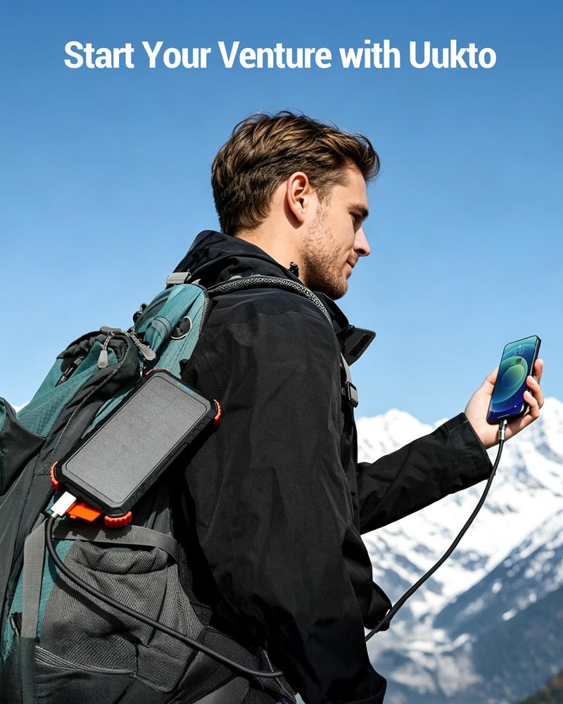 Solar Power Bank Built-in Cables Speed Charging 20000mAh Camping | Portable Charger with Camping Flashlight Outdoor External Battery Pack USB-C in/out for iPhone Samsung Android Deep Orange