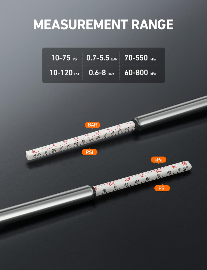 AstroAI Pencil Tire Pressure Gauge 2 Pack (10-75PSI, 10-120PSI ±2% Span), Valve Caps with Case, Stainless Steel Body, and Metal Made Nozzle 3 Measurements for Cars, Bikes, Vehicles, Pickups Standard Orange