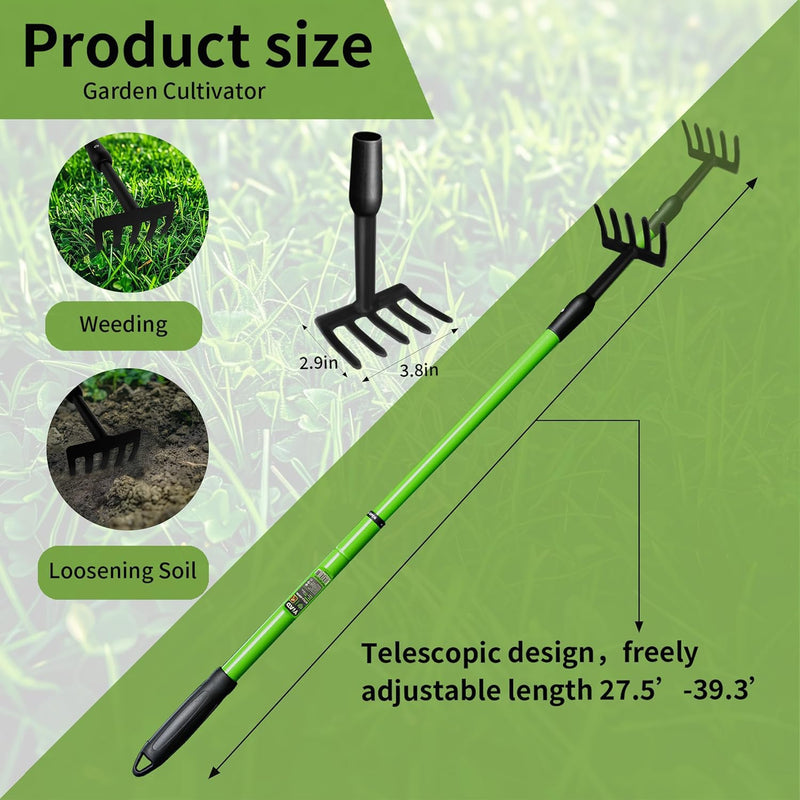 Garden Rake with Telescopic Handle (27-39") Adjustable, Long Handle Small Hand Rake for Gardening Flower Beds & Tight Spaces, 5-Tine Metal Cultivator No Bending Elderly Friendly Weeding Tool 39-IN