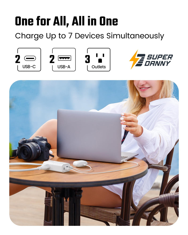 SUPERDANNY Detachable Travel Power Strip,45W USB Fast Charge,2 USB-C & 2 USB-A with 3 Outlets Flat Plug Extension Cord 5ft,Portable Charger for Travel Essentials for Travel Cruise Home, White 5 FT Upgrade Extension Cord with Adapter