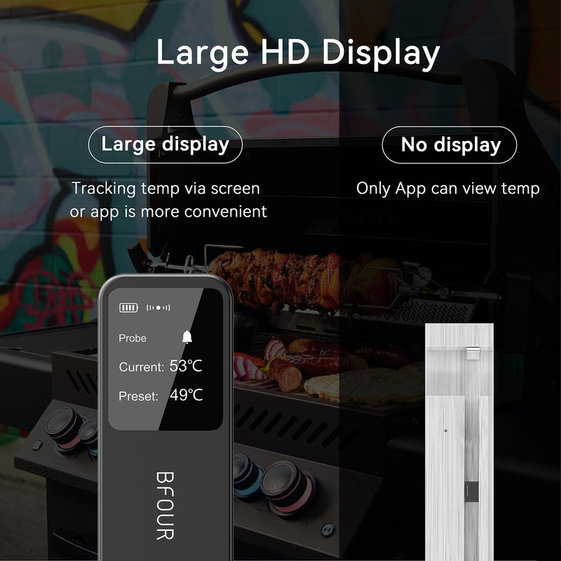 BFOUR Meat Thermometer Digital Wireless with LCD Booster, Bluetooth Food Cooking Thermometer with Smart App, 524FT Remote Range, 100% Waterproof & 752°F Heat Resistant Probe for BBQ Oven Grill Smoker Black