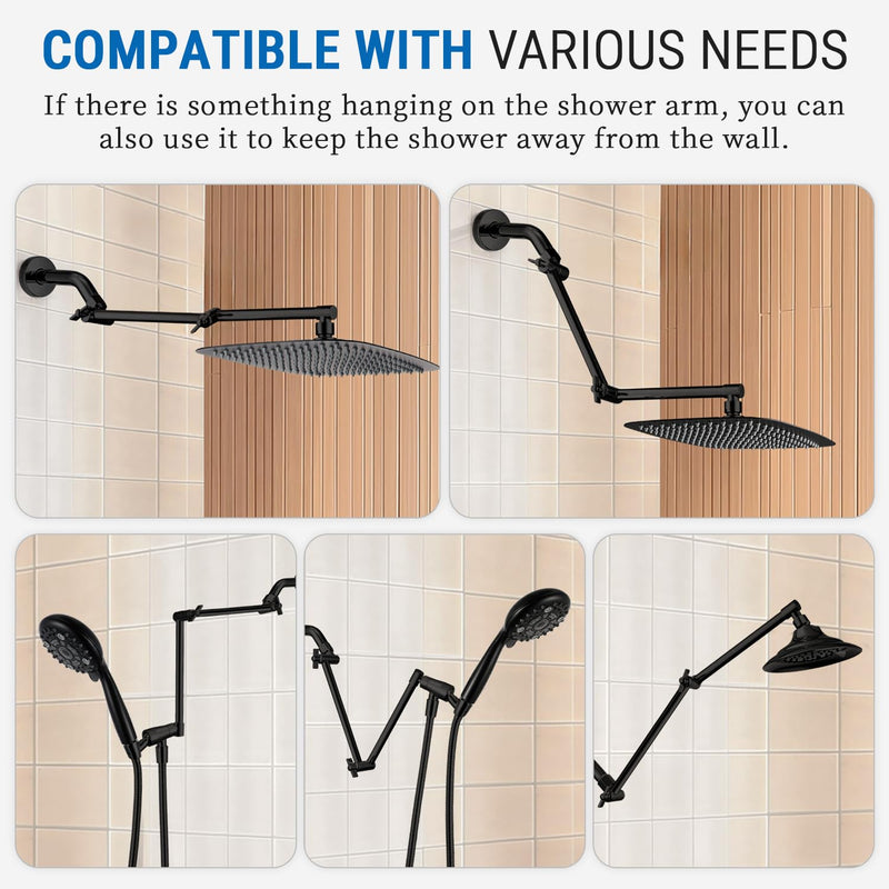 G-Promise 16 Inch Shower Extender with 6 Inch Shower Arm and Flange, Solid Brass Height & Angle Adjustable Extension Arm with Lock Joint, Compatible with Rainfall or Fixed Shower Head (Matte Black) Matte Black