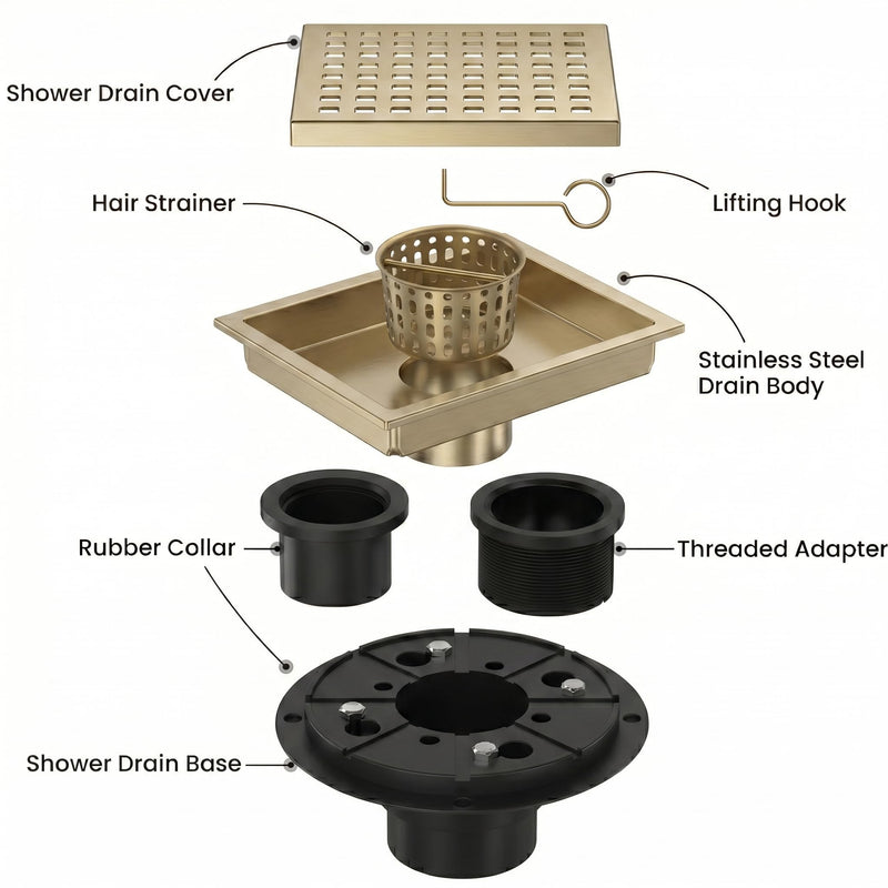 6 Inch Tile-in Champagne Bronze Shower Drain - Square Shower Floor Drain Kit Fit 2" or 3" Pipe - 304 Stainless Steel with Hair Carcher and ABS Flange - Compatible with Delta Champagne Bronze