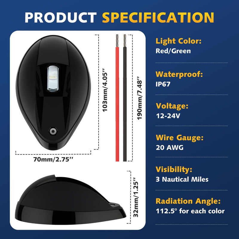 Boat Navigation Lights Side Mount, Red and Green Bow Lights for Boats LED Waterproof IP67, Marine Navigation Boat Light for Pontoon, Fishing, Bass & Jon Boats Black