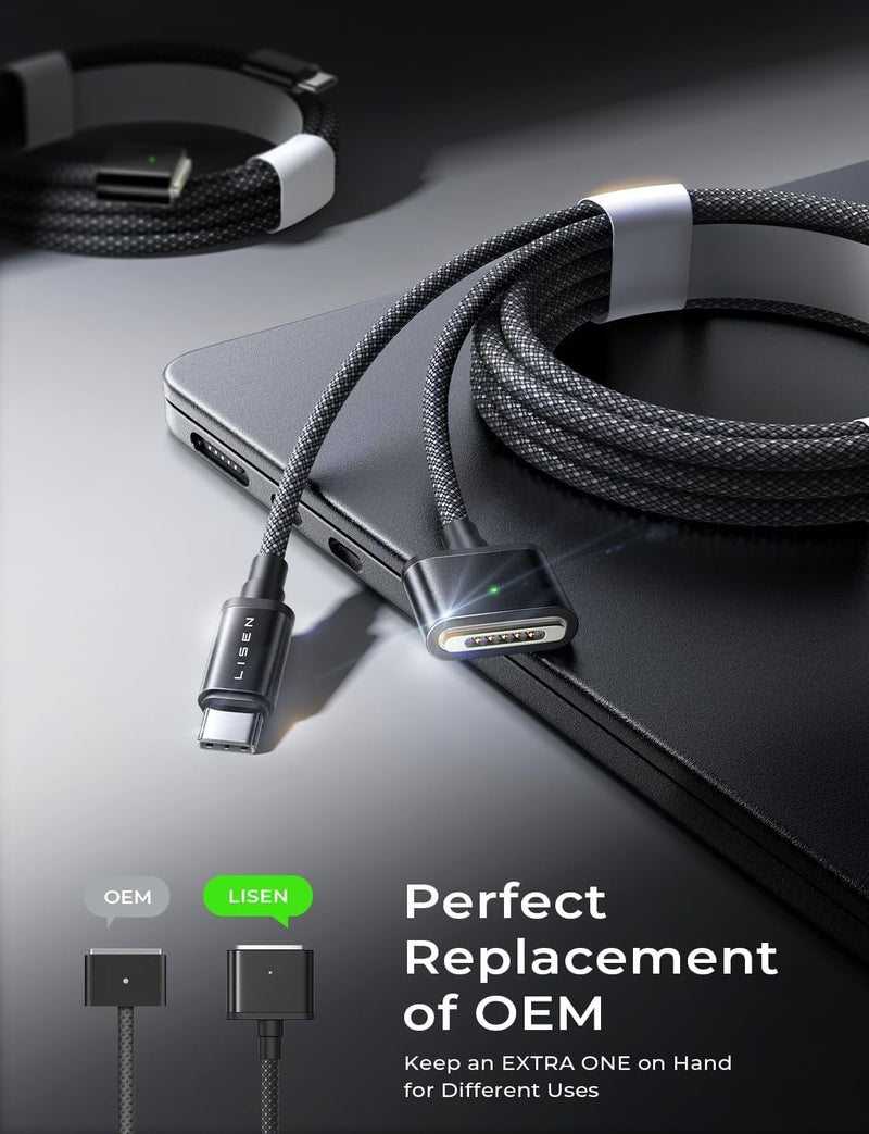 LISEN 140W Magnetic Safe 3 Cable for MacBook Air/Pro Charger Cord (6.6FT Black), USB C to Magnetic 3 Cable for MacBook Air/Pro (15''/13'' M3 2024, 15" M2 2023, 13" M2 2022) 6.6FT
