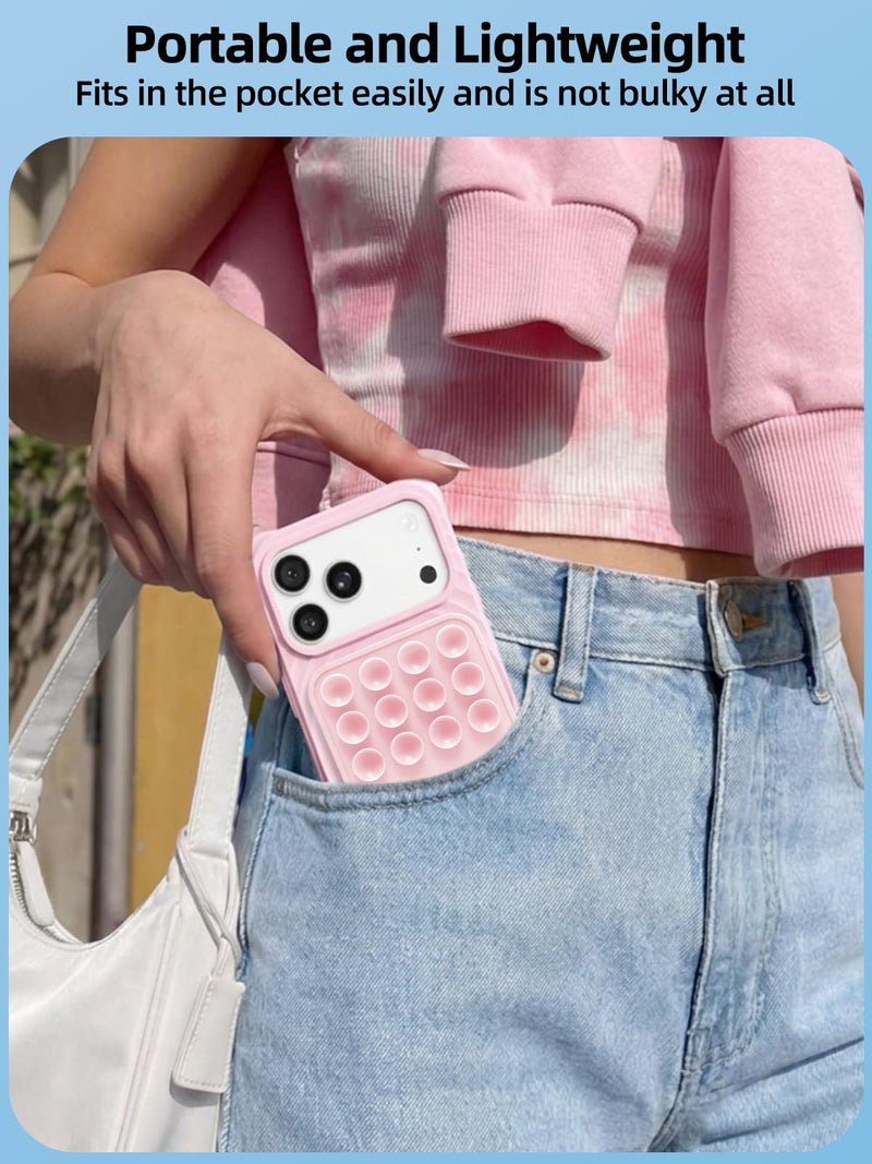 Double Sided Silicone Suction Cup Phone Case Mount for Selfie & Video, Pink | Sticky Phone Grip Securely Stick Phone to Mirrors, Glass, Windows, Reusable Hands-Free Phone Suction Grip for iPhone, Android