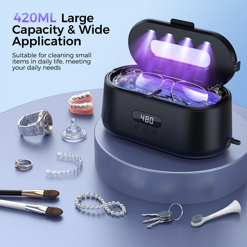 Ultrasonic Jewelry Cleaner, 50KHz Ultrasonic Cleaner Machine, Dual Modes & LED Display, 5 Cleaning Modes, 24W Sonic Cleaner for Jewelry, Eyeglasses, Watches, Rings, Watch Strap,Dentures Black