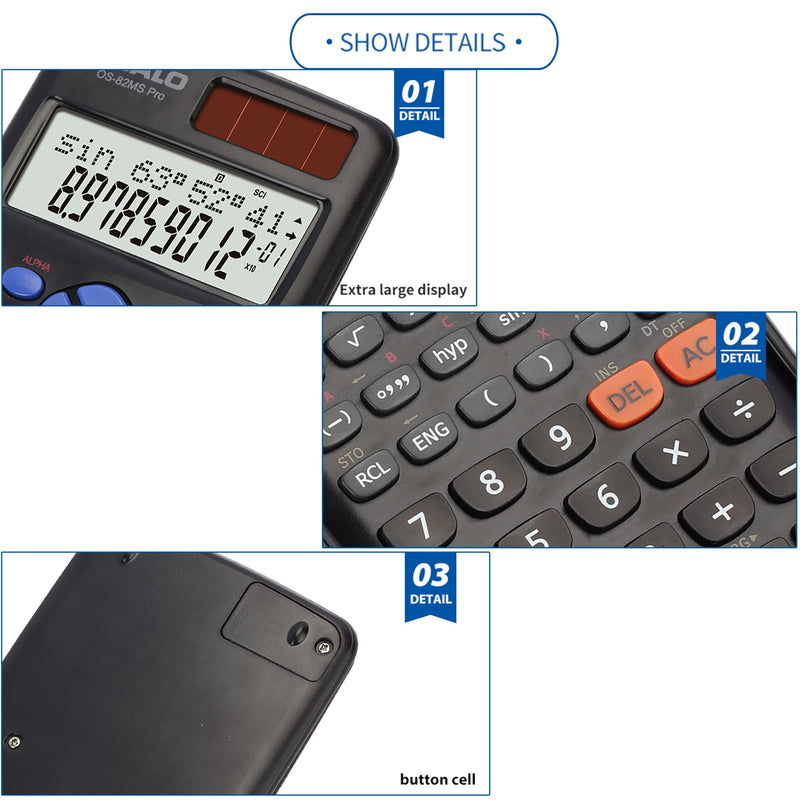 OSALO Scientific Calculator 240 Function 2 Line Basic Large Display Solar and Battery Calculators 10+2 Digits Written for Middle School Students College (OS 82MS Pro) OS 82MS Pro