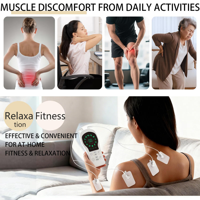 EMS Muscle Stimulator with 4 Electrodes, Portable Dual Channel Electric Muscle Stimulation Device,Rechargeable Muscle Trainer for Full Body Fitness, Muscle Toning & Relaxation
