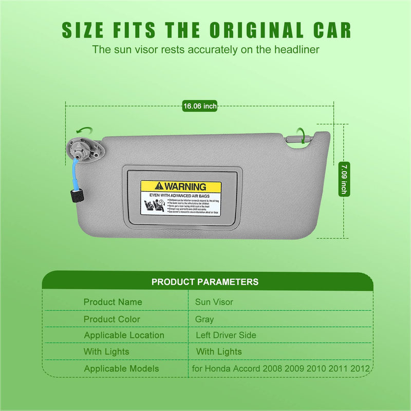 Left Driver Side Sun Visor for Honda Accord 2008 2009 2010 2011 2012 2013 2014 2015 2016 2017, Replacement Assembly 83280-TA5-A71ZA 83280-TA5-A51ZA (Gray) Gray( Driver Left )