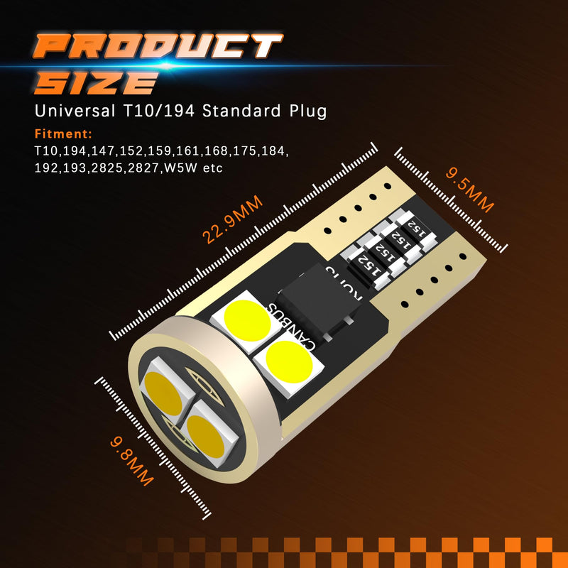 194 LED Bulbs for Cab Top Clearance Marker Lights, Non-Polarity Amber T10 168 W5W 6-3030-SMD Replacement Bulbs for License Plate Dome Map Turn Signal Light White