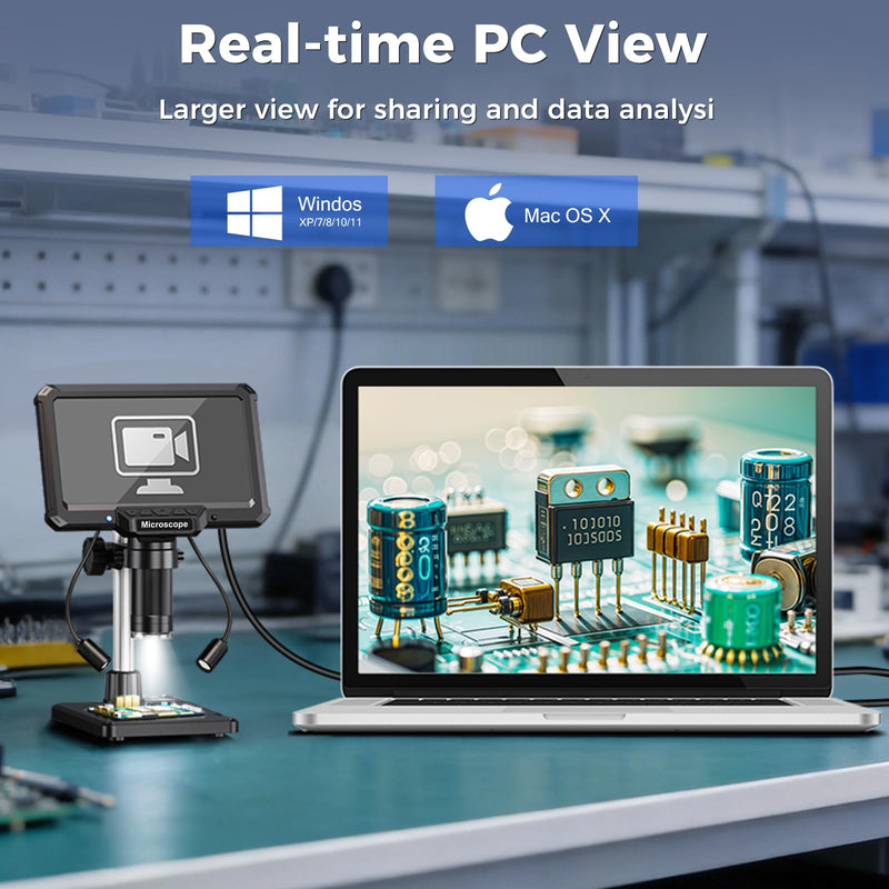 7" LCD Digital Soldering Microscope with Remote and Side Lights | For soldering and PCB inspection. 7" screen, remote and 2 side lights help reduce shake and shadows.