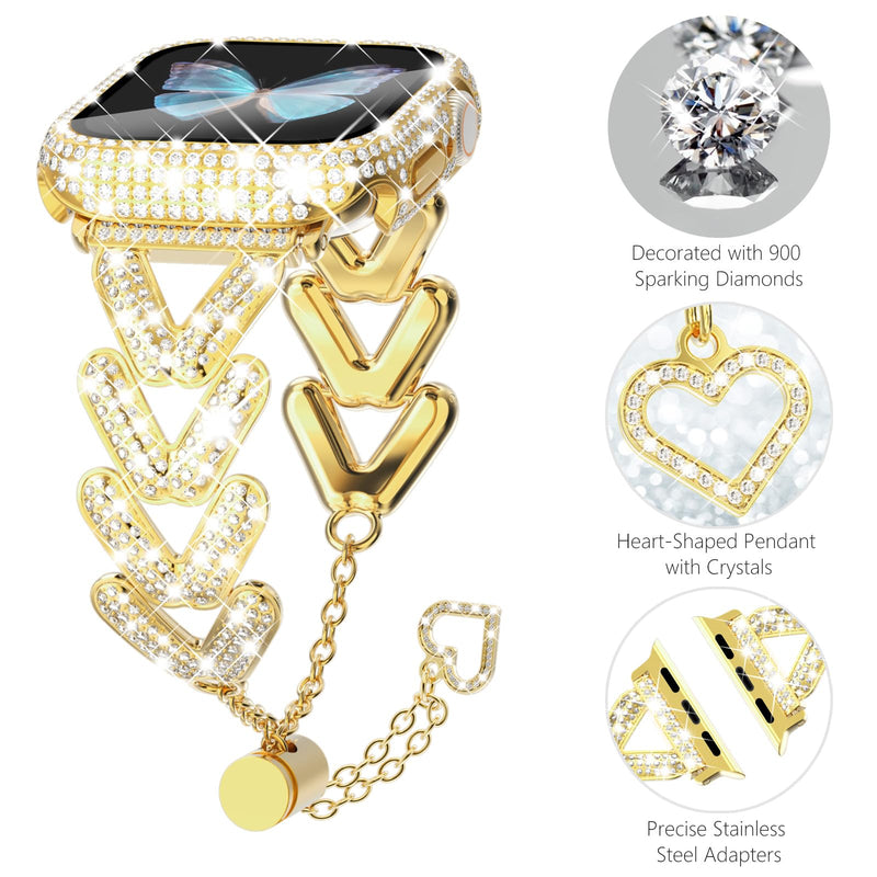 Wingle for Gold Apple Watch Bands 41mm for Women, iWatch Series 8 7 Stainless Steel Metal Band Luxury Diamond Bracelet Rhinestone Crystal Strap with Bling Screen Protector Case Dressy Chain,41 mm Gold