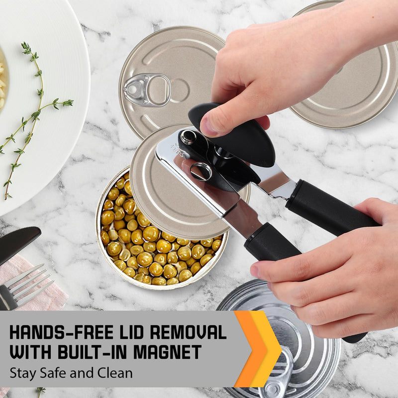 2 Pack Manual Can Opener with Magnet, Smooth Edge Handheld Can Opener for Seniors with Sharp Blade and Grip Handle, Heavy Duty Tin Bottle Cutter for Kitchen Camping, Black