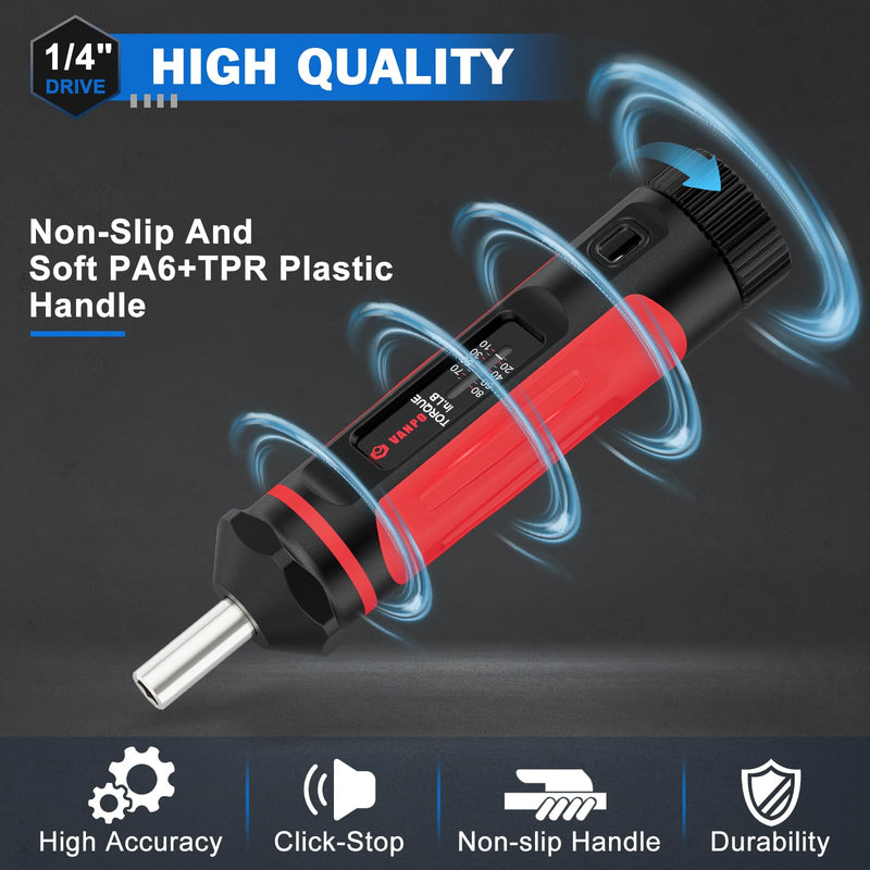 VANPO Torque Screwdriver, 10-80In-lb Torque Screw Driver Wrench Driver Set, 1/4” Drive Inch Pounds Torque Wrench Screwdriver with 60 S2 Bits for Maintenance, Tools, DIY, Bike Repairing and Mounting