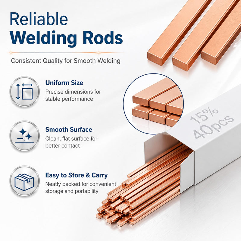 Tandefio 15% Silver Brazing Rods AWS BCuP-5 40 Sticks, Silver Solder Flat Welding Rods 0.050"x1/8"x10" for Air Conditioning, Refrigerator, Cold Storage & HVAC Units, Phos Copper Brazing Alloys BCup-5, 15% Silver