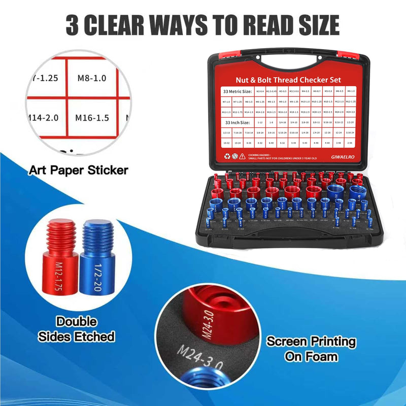 Nut and Bolt Thread Checker - 66 PCS Nut and Bolt Gauges Individually Housed in Case (33 Inch & 33 Metric) Specially Suitable for Size Check on Tricky and Narrow Area 66 Gauges - 33 Inch & 33 Metric