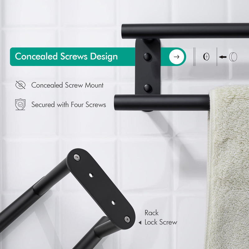 BAGNOLUX Double Towel Bar, SUS304 Towel Racks for Bathroom Wall Mounted 2-Tiers Ladder Towel Rails, Space Saving Bathroom Towel Holder Shelves Rack, Long Towel Hanger (16“-Round-Matte Black) 16“-round-matte Black