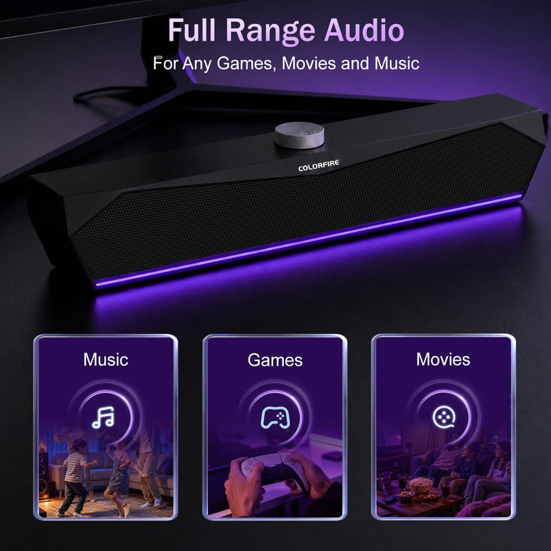 Computer Speakers for Desktop,USB Single-Cable, Computer Soundbar for PC | Compatible with Laptops | Towers | Devices |Stereo Sound and RGB Light, Plug-n-Play, Black Matte Finish, Mechanical Knobs