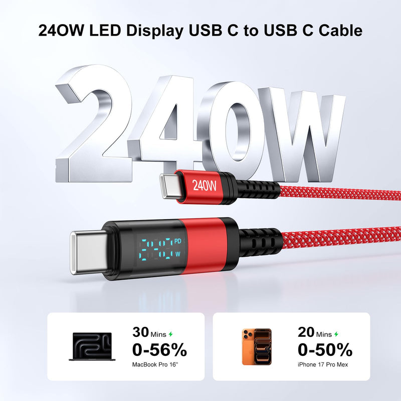USB C to USB C 240W Samsung Charger Cable 6FT with LED Display | Super Fast Charging Android Phone Charger Cord for Samsung Galaxy S26Ultra S25FE S25Edge A17 A57 A37 A16,MacBook,iPad Red