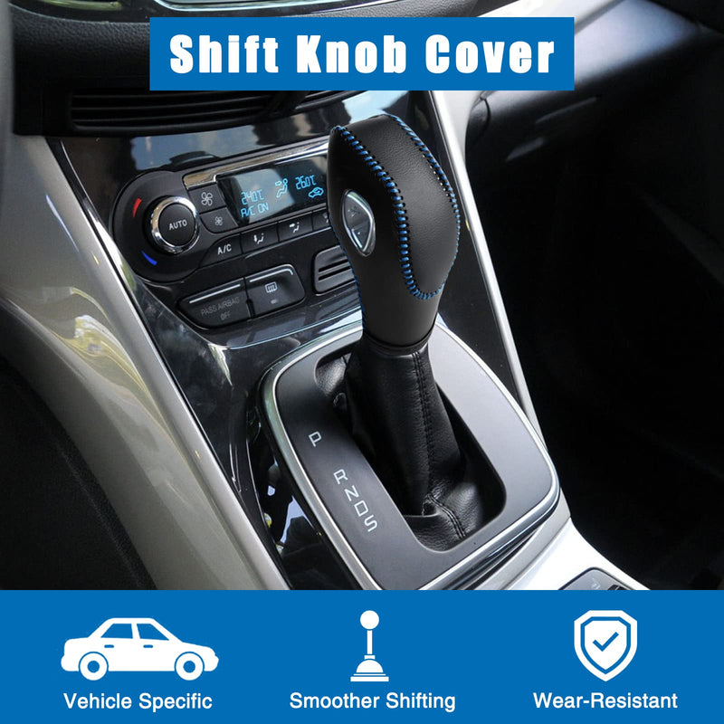 Leather Gear Shift Knob Cover Compatible with Ford Focus丨 Escape丨 Fusion丨 C-Max Energi Wagon丨 Transit 丨 Fiesta 2012-2019 Black Leather with Blue Stitches Shifter Knob Cover- Black