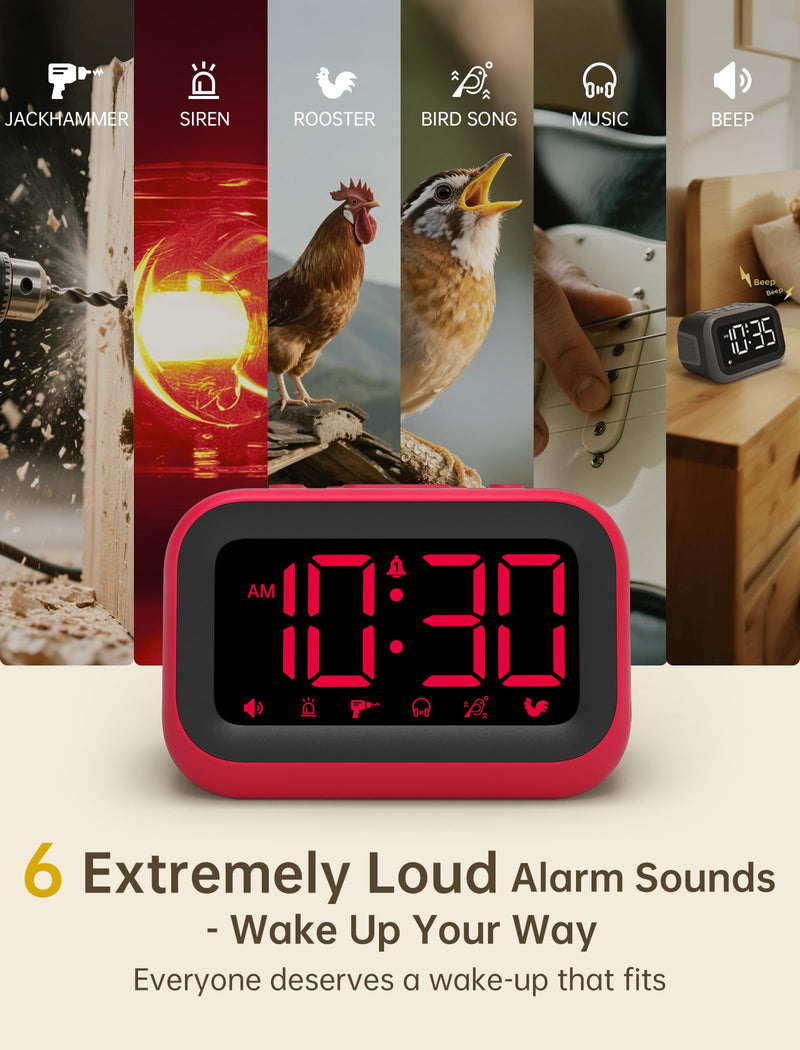 Loud Alarm Clock for Heavy Sleepers: 115dB Dual Alarms with 6 Unique Sounds for Bedroom Dorm Room Use - On-Time Wake Up for Teen College Students - Red Red - Red Digits