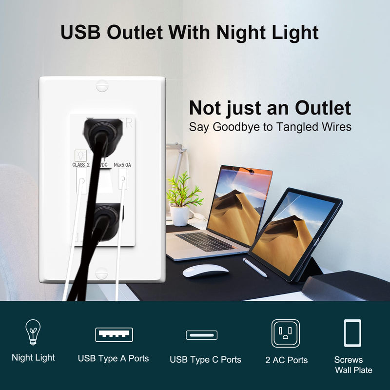 USB Outlet with Light, Modern 15A Standard Outlet with Night Light, USB Type A & Type-C Electrical Outlet with Light,Tamper Resistant(TR) Receptacle Outlet with LED Light-Easy to Install (4PCS, White) 4