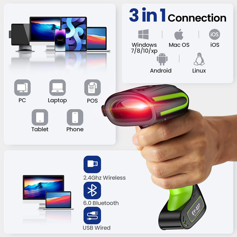 Eyoyo 2D QR Industrial Barcode Scanner with Wireless Charging Stand, Rugged Heavy Duty & IP65 Waterproof 3-in-1 Bluetooth & Wireless & USB Hands-Free Barcode Reader for Laptop Desktop Tablet Android with charging stand