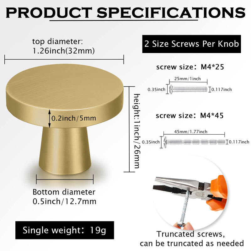 Hotop 30 Pack Gold Cabinet Knob Kitchen Round Dresser Drawer Pulls and Handles with Kinds Screws for Hardware Dresser Drawer Aluminum Alloy Oxidation Wire Drawing Handle (Mushroom) Mushroom
