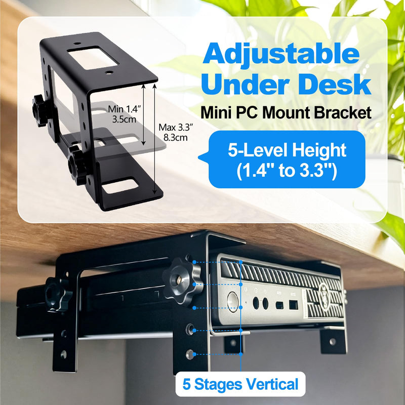 Adjustable Under Desk Mini PC Mount Bracket – 5-Level Height(1.4" to 3.3") for Mac mini M4/Small PCs,Game Console, Media Players, Audio Interface Fit for Any Other 1.4" to 3.3" Thick Devices