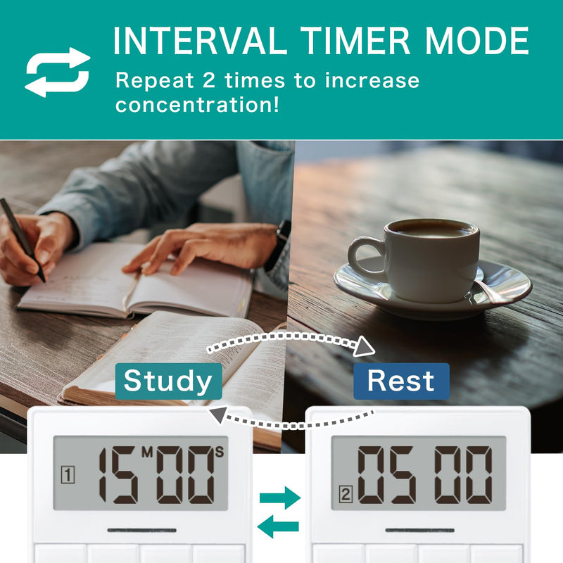 dretec One-Push Timer, Just Press, Easy, Time Saving, Interval, Silent, Kitchen Timer, Digital, Magnet, Stand, Light, Study, Muscle Training, Sports, White One push