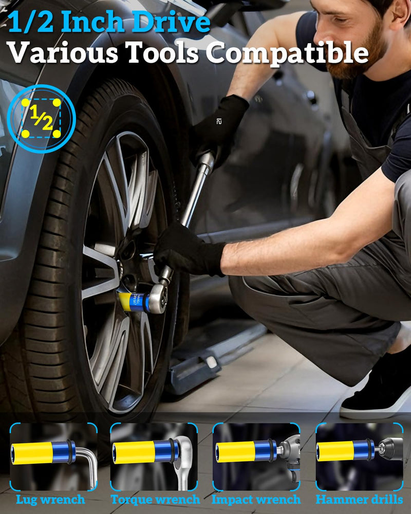 1/2" Drive Lug Nut Socket Set, 17/19/21 mm Wheel Socket | Non Marring, Thin Wall, CR-MO Steel, Hex Lug Nut Removal 3PC