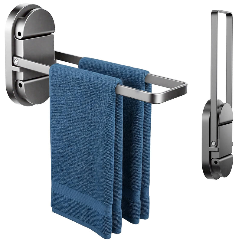 Foldable Suction Towel Bar, No Drill Stainless Steel | Heavy-duty bathroom towel holder for towels and robes. Fits tile, glass, mirrors & RV. Reusable, rustproof and residue-free Silver Black