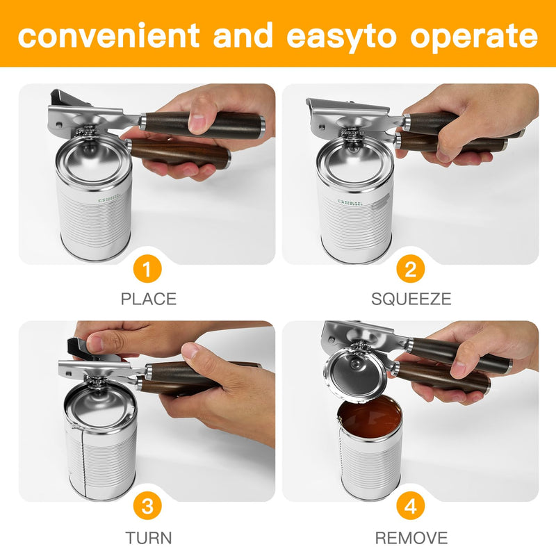 Upgraded Efficient Manual Can Opener - Selected Solid Wood Handle, Sharp and Smooth Blade Edge, Portable Design, Easy-Open Large Knob, Versatile for Various Bottle Caps（Agarwood） Agarwood