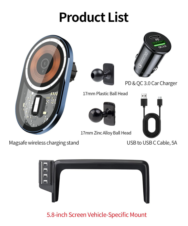 15W Wireless Charger Car Phone Holder for Mercedes-Benz CLA/GLA-Class 2015 | 5.8" Screen Magsafe Accessories Fast Charging Magnetic Cell Phone Holder Clip Compatible with iPhone Android, 3D Fit Bracket 5.8-inch for 2015 CLA/GLA