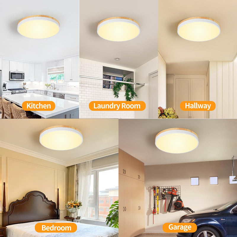 White Wood 24W Modern LED Flush Mount Ceiling Light, Close to Ceiling Light Fixture, 2700-5000K Dimmable, Round Ceiling Lamp for Bathroom Kitchen Entry Way Bedroom Laundry Room Hallway Wood & White 12 inch