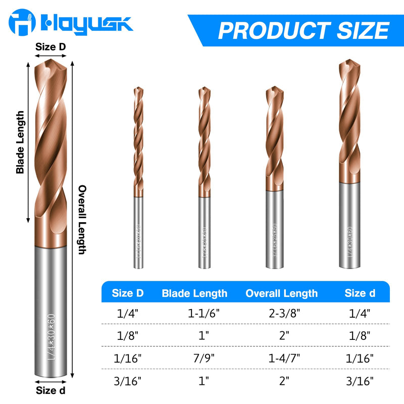 Drill Bit Set 4 Pcs Solid Carbide Drill Bits, 1/8" 1/4" 3/16" 1/16" Tungsten Carbide Drill Bits with TISIN Coated, Metal Drill Bit Set for Stainless Steel Hardened Steel Cast Iron Alloy Copper 1/4" 3/16" 1/8" 1/16"