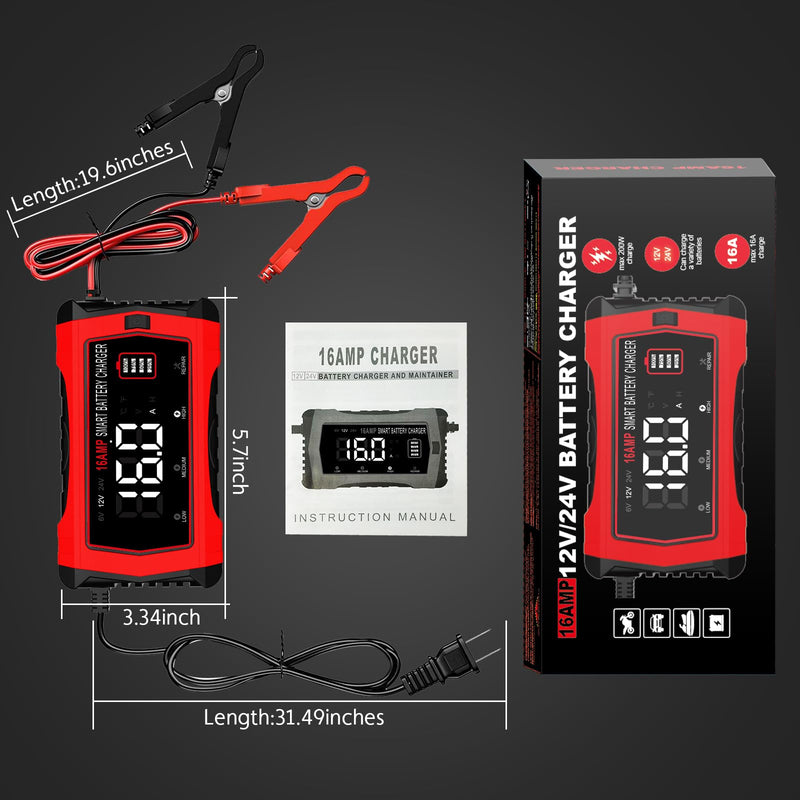 16 Amp Battery Charger, Car Battery Charger 6V 12V 24V Lithium,Lifepo4,Lead-Acid(AGM/Gel/SLA..),Battery Maintainer, Trickle Charger, and Battery Desulfator for Car,Boat,Motorcycle… 16A