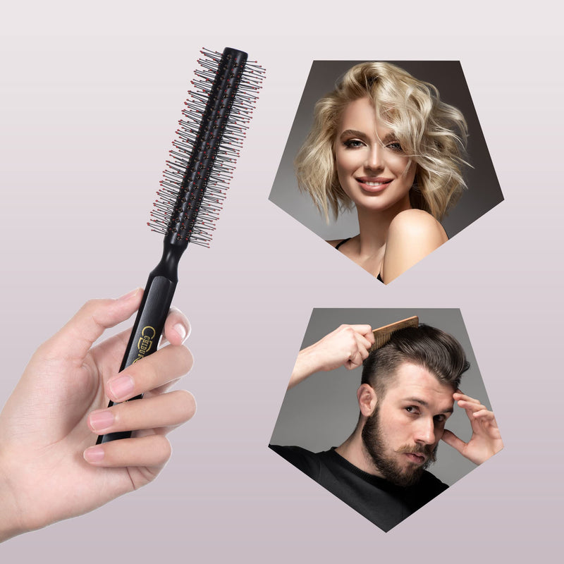 Small Round Barrel Hair Brush for Blow Drying Short, Thin, Fine Hair, Professional Wooden Hairdressing Styling Blowout Roller Hairbrush with Soft Nylon Bristles, Both for Men & Women