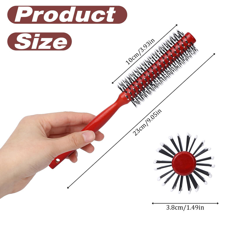 Small Round Hair Brush for Blow Drying, Mini Curling Brush with Ball Tip Nylon Bristle and Wood Handle, Mini Quiff Roller for Short Hair, Thin Hair, Bangs, Lifting, Styling, Beard (Red)