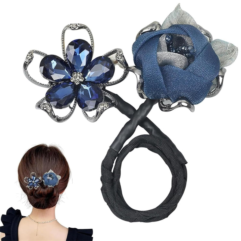 2 PACK Ins Style Elegant Lazy Hair Curler, French Twist Hair Bun Maker, Lazy Flower Hairpin,Rhinestone Hand-Embroidered Flower Hair Accessory (2Pcs-Blue Flower) 2Pcs-Blue Flower