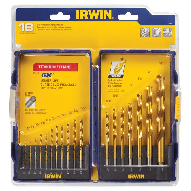 Irwin Tools 18-Piece Titanium Nitride Coated Turbomax Drill Bit Set with Pro Storage Case 18pc