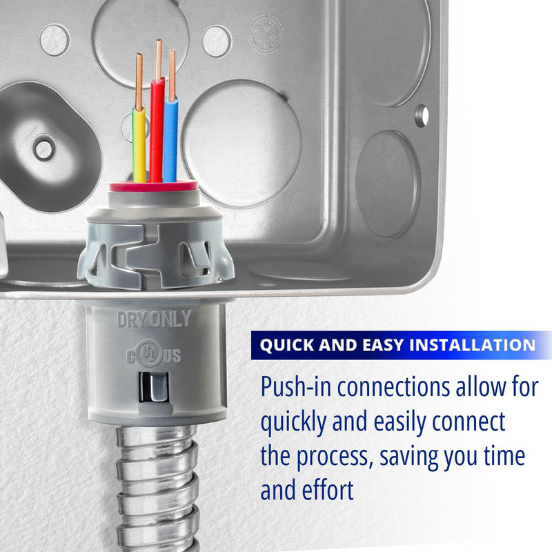 MAKERELE 3/8" Snap-in MC Connector for Steel & Aluminum MC/AC Cable - Fits 14/2 to 10/3 Metal-Clad Cable, 1/2" Knockout, Insulated Throat, Zinc Steel Electrical Conduit Fitting (40 pack) 40 Pack