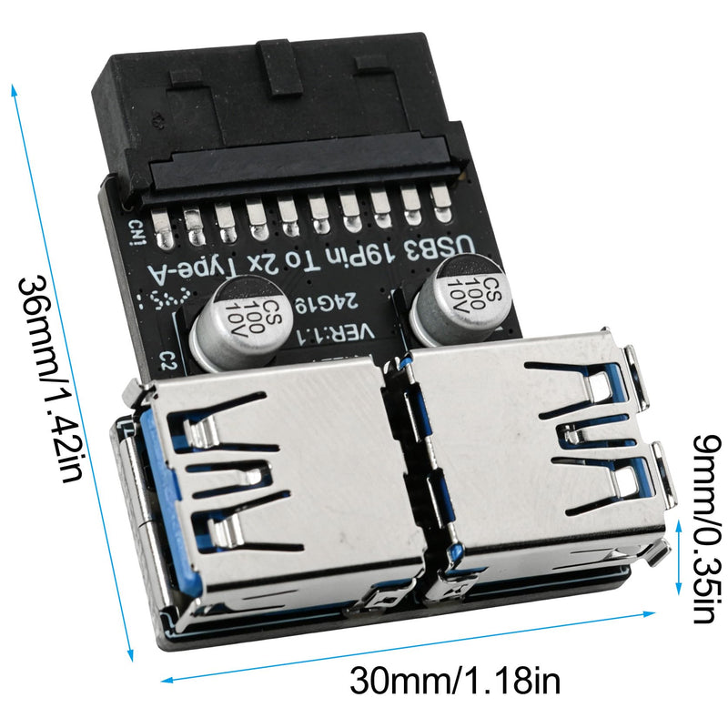 USB 3.0 19 20 Pin to Dual USB 3.0 Female A Port Splitter Adapter Internal Vertical 5Gbps Expansion Converter for Desktop PC Case Internal Dongle U Shield Front Interface